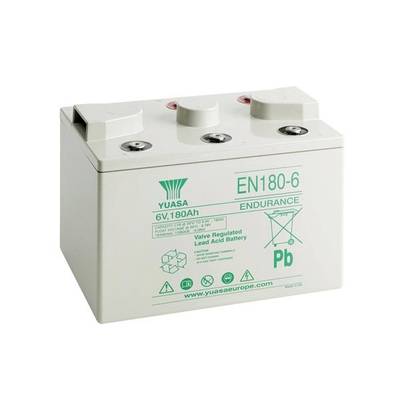 Baterija s natpisom 'EN180-6, 6V, 180Ah', sadrži simbole za reciklažu. Proizvođač: Yuasa, pogodan za trajni pogon.