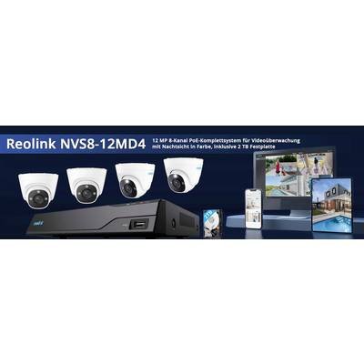 'Reolink NVS8-12MD4 12 MP 8-kanalni PoE sustav za video nadzor s noćnim vidom u boji, uklj. 2 TB tvrdi disk.' Prikazane su četiri nadzorne kamere i monitor.