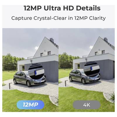Usporedba 12MP i 4K slika automobila i kuće koja ističe jasnije detalje u 12MP verziji.