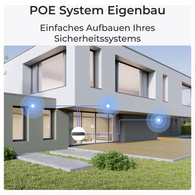 Slika prikazuje modernu kuću s dijagramom sigurnosnog sustava, oznakama 'POE System Eigenbau.' Plavi krugovi označavaju komponente sustava.