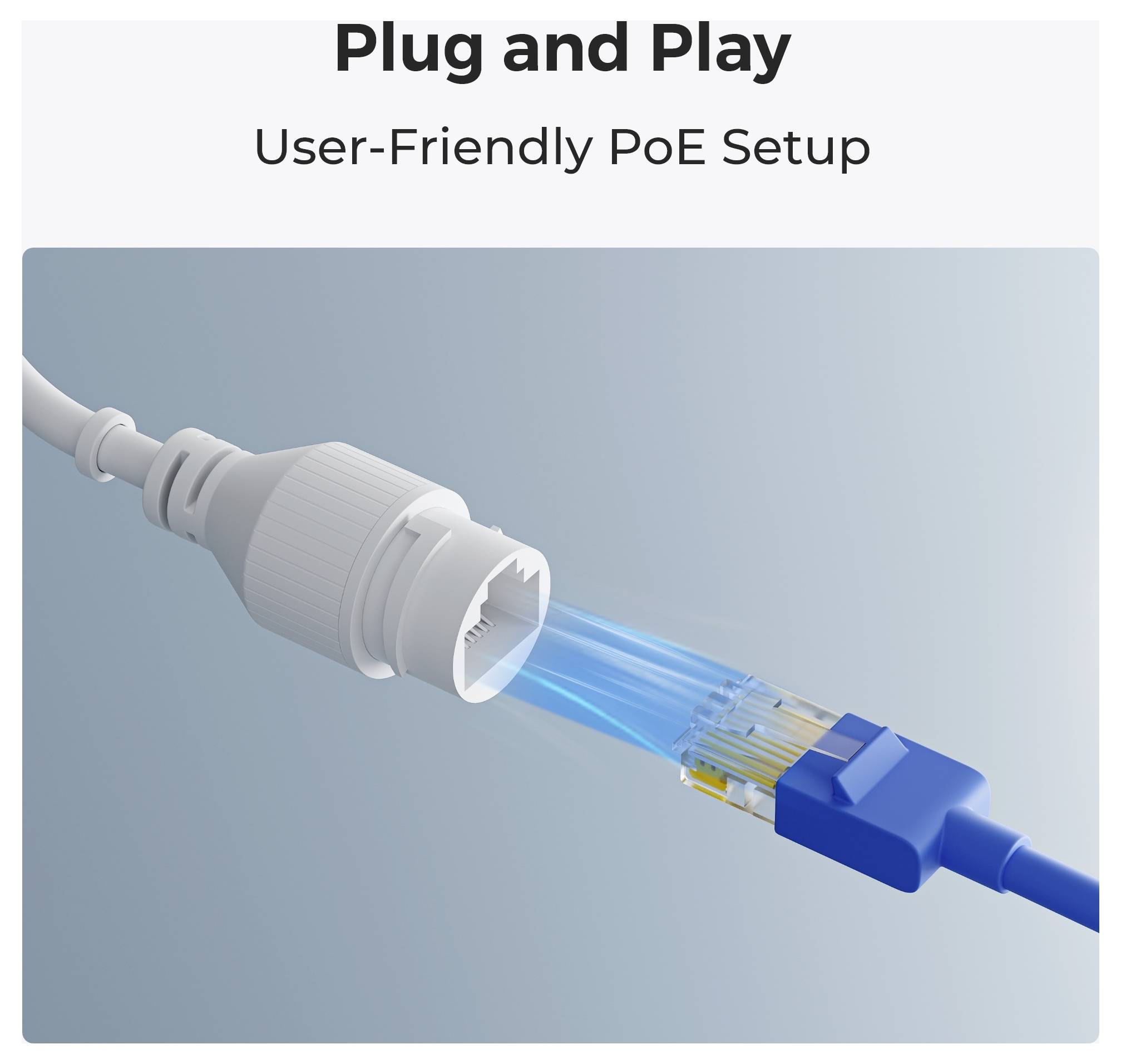 'Plug and Play jednostavna PoE instalacija' prikazuje dva kabela koji se spajaju, naglašavajući jednostavnost korištenja sustava napajanja putem Etherneta.