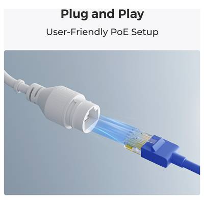 'Plug and Play jednostavna PoE instalacija' prikazuje dva kabela koji se spajaju, naglašavajući jednostavnost korištenja sustava napajanja putem Etherneta.