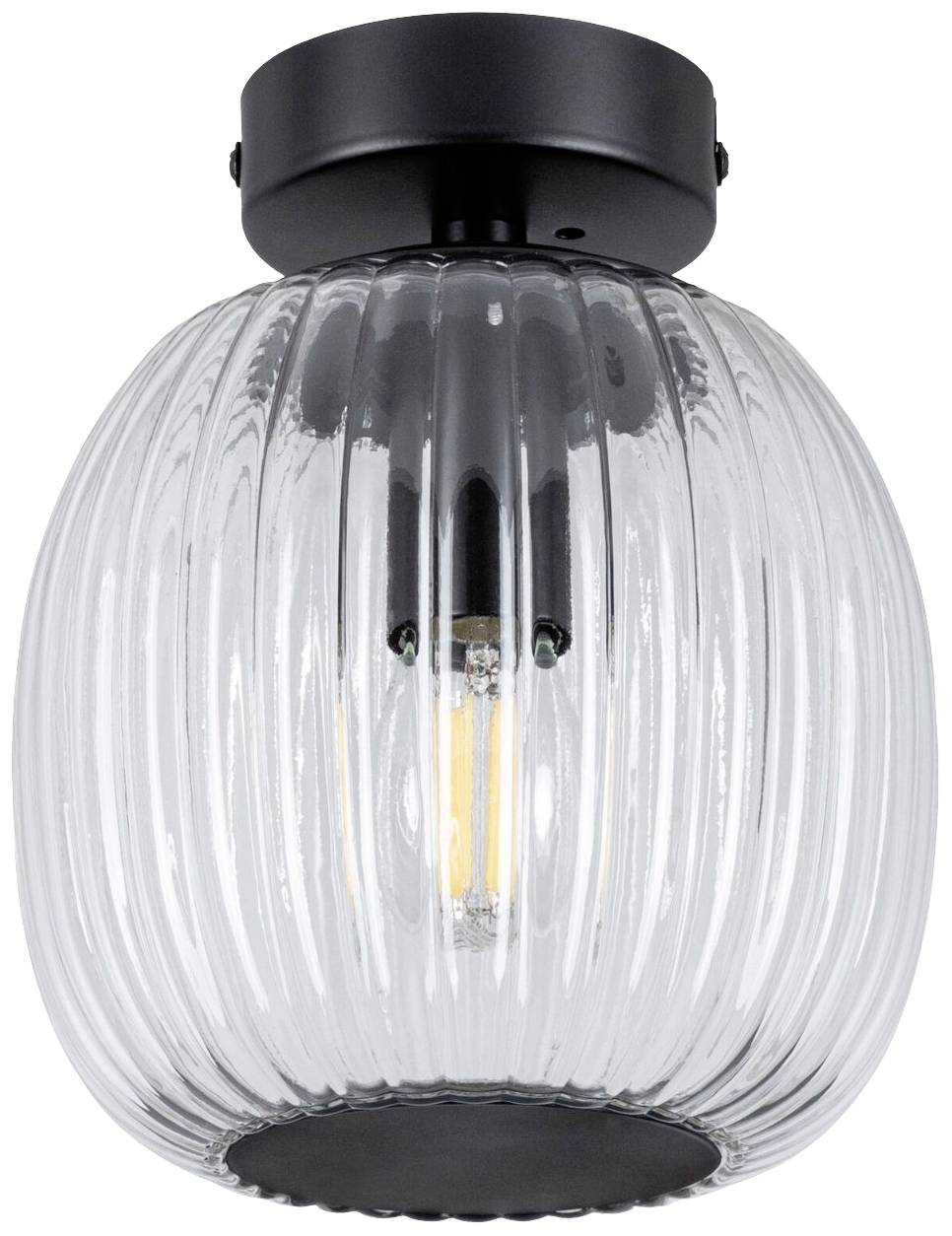 Stropna lampa s crnom pričvrsnom podlogom i prozirnim, rebrasto strukturiranim staklom. Vidljiva žarulja unutar tijela lampe za moderan osvjetljajni dizajn.