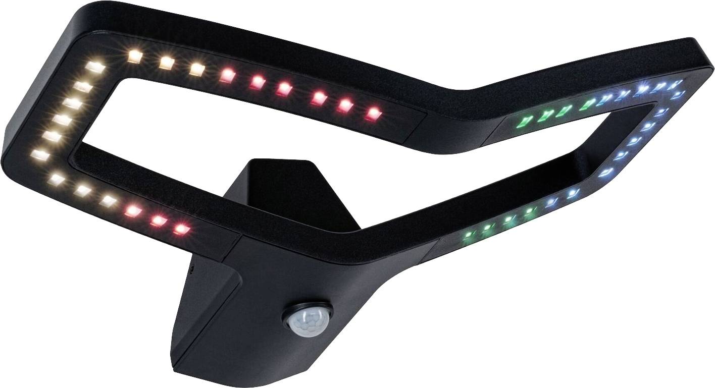 Crna LED-svjetiljka s senzorom pokreta, elegantnog zakrivljenog oblika i šarenih svjetlosnih točaka, pogodna za vanjsku upotrebu.