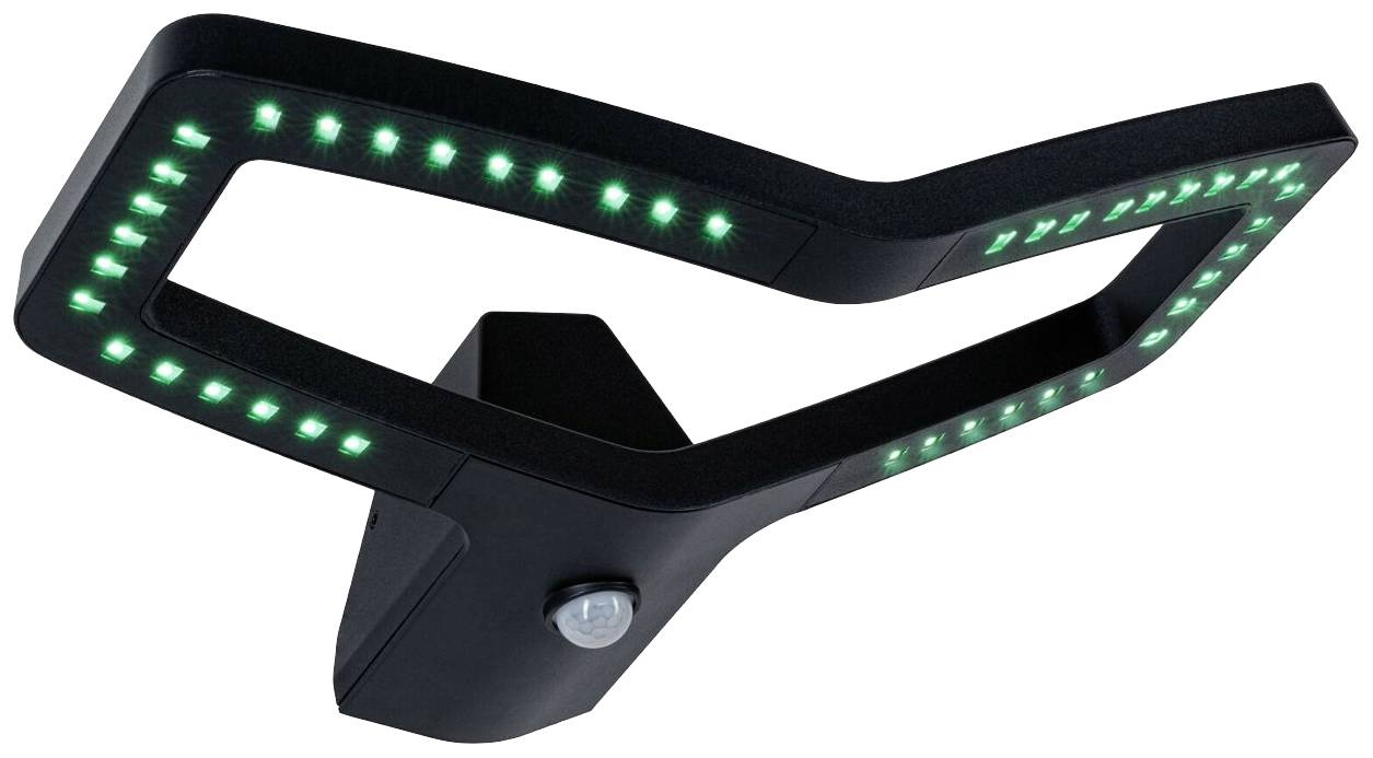 Moderni crni LED vanjski reflektor s senzorom pokreta, pravokutnog dizajna s zelenim LED žaruljama duž rubova.