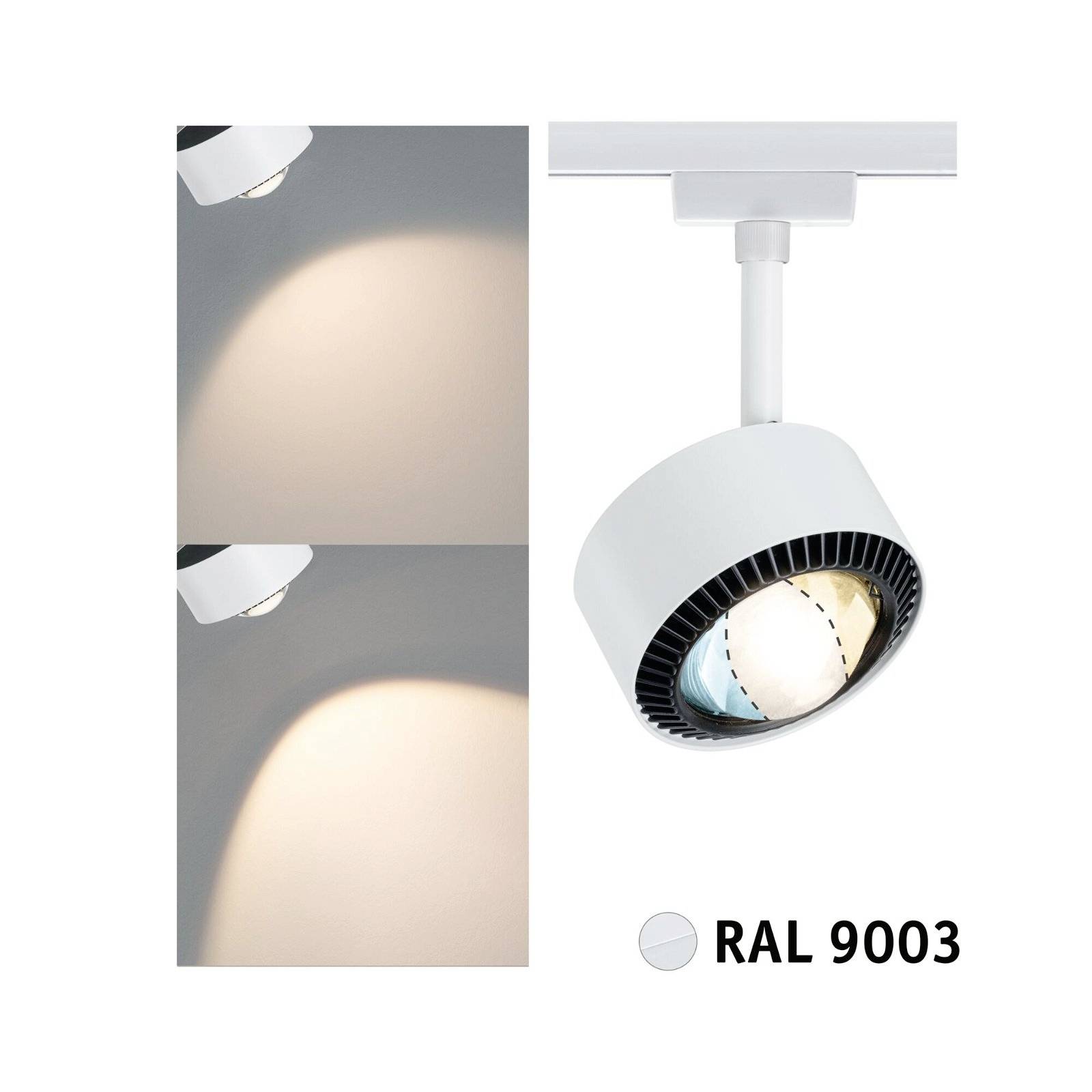 Bijela, moderna LED šinska lampa s podesivom okruglom glavom. Prikazane su dvije boje svjetla. RAL boja: 9003.