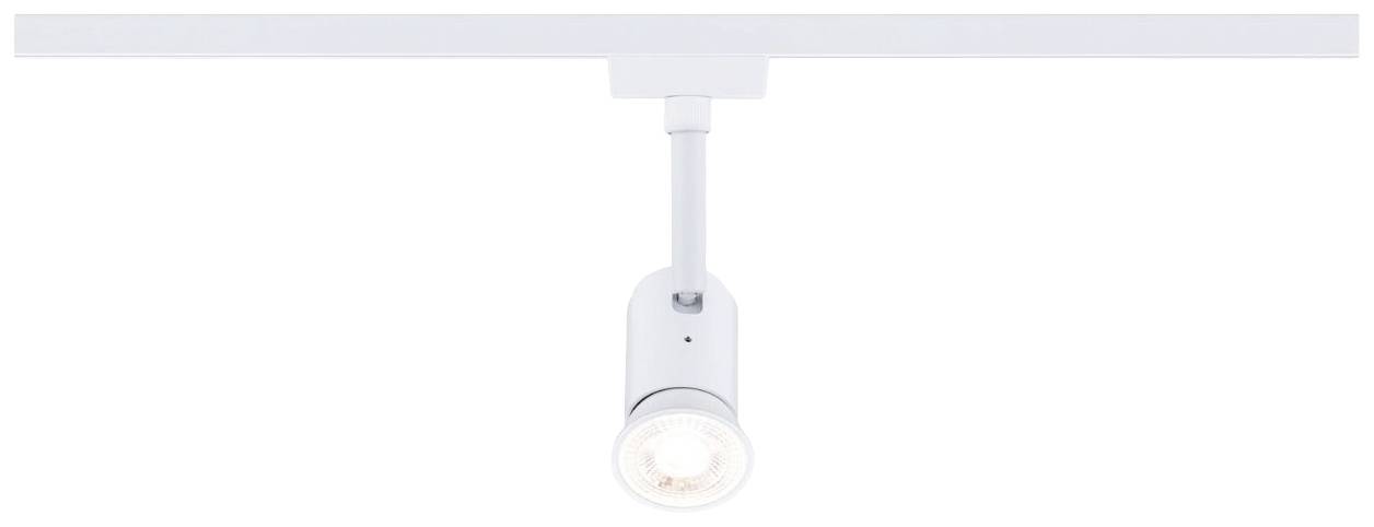 Bijela tračna lampa s okruglom glavom za osvjetljenje, montirana na horizontalnoj šini, pred bijelom pozadinom.