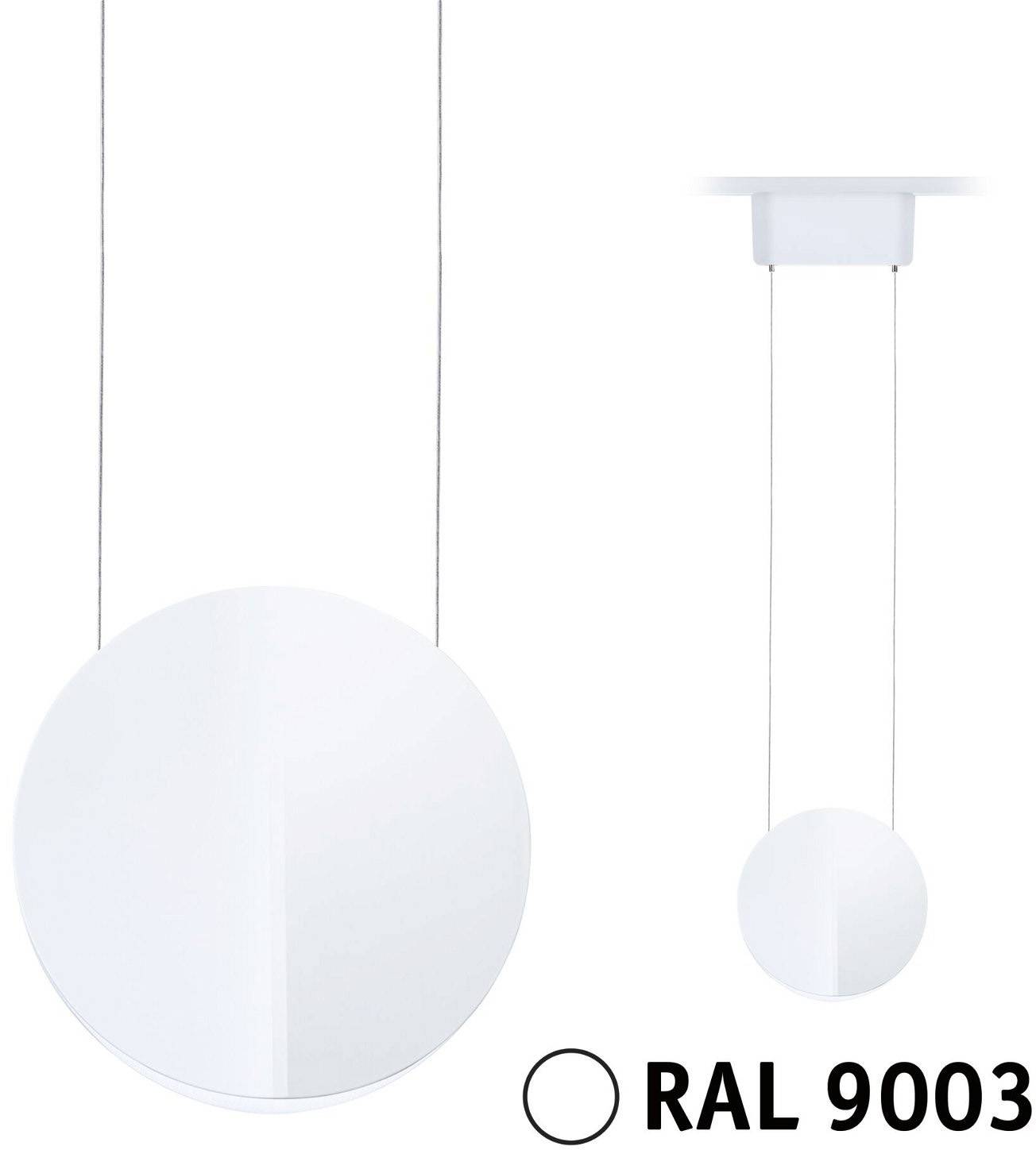 Dvije bijele viseće lampe u obliku kruga s tankim užadima. Navedeno RAL 9003, što upućuje na specifikaciju boje.