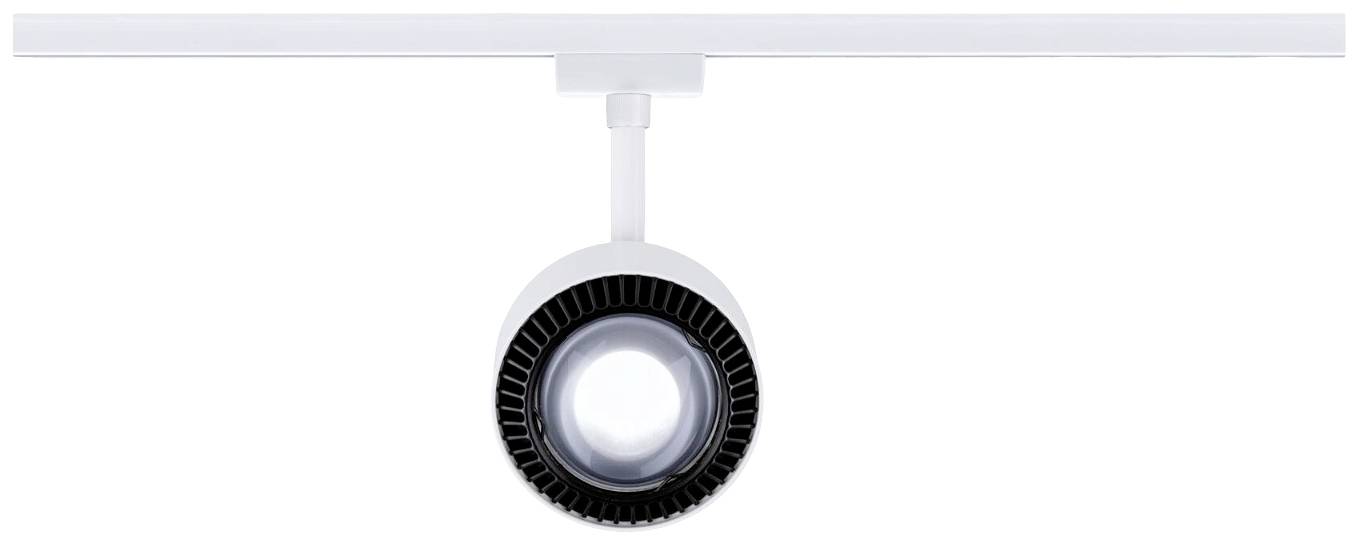 Bijela stropna lampa kružnog dizajna, pričvršćena na šinu, idealna za moderni interijere.