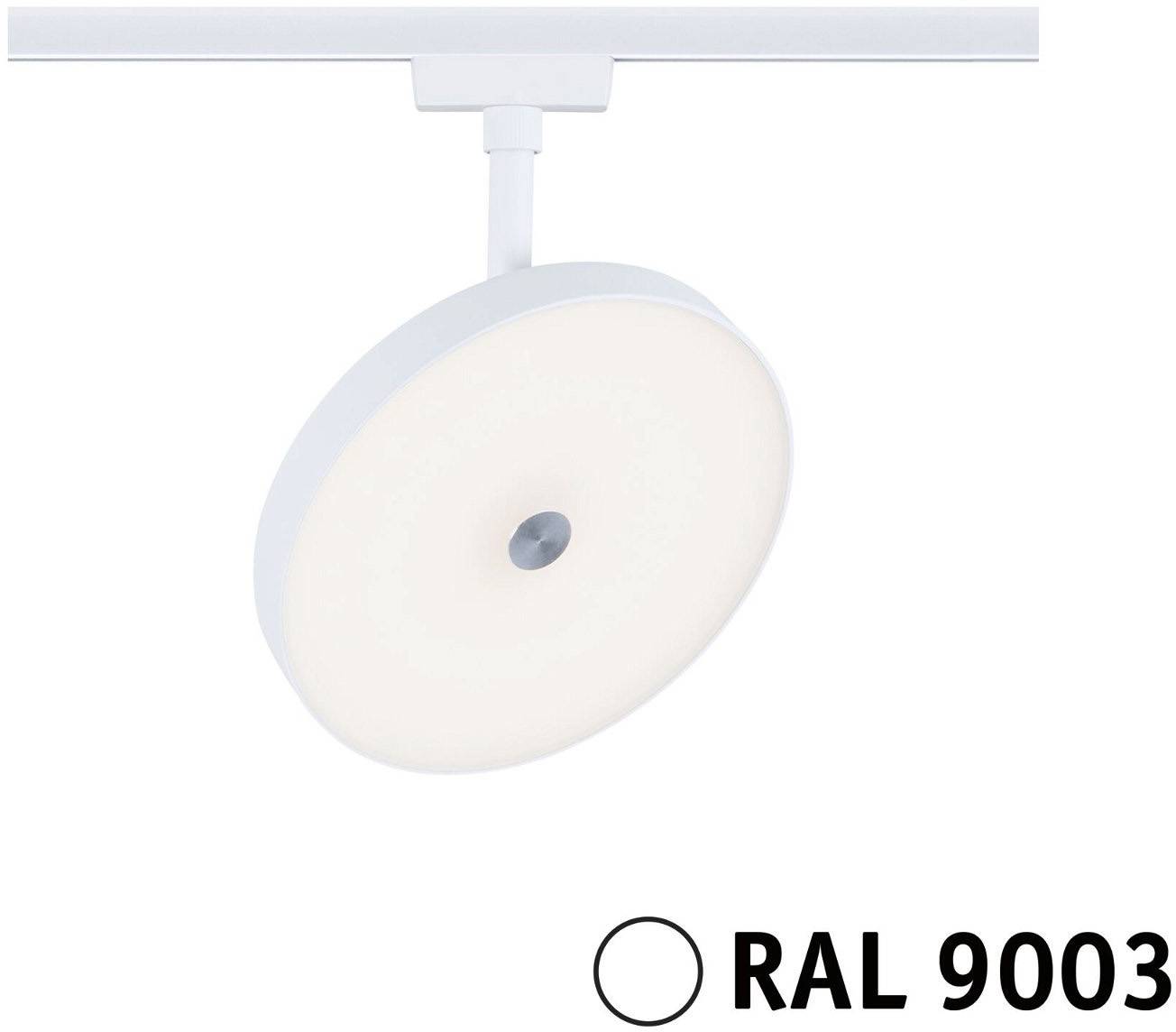 Okrugla stropna lampa u bijeloj boji (RAL 9003), postavljena na šinu, osvjetljava prostoriju blagim svjetlom.