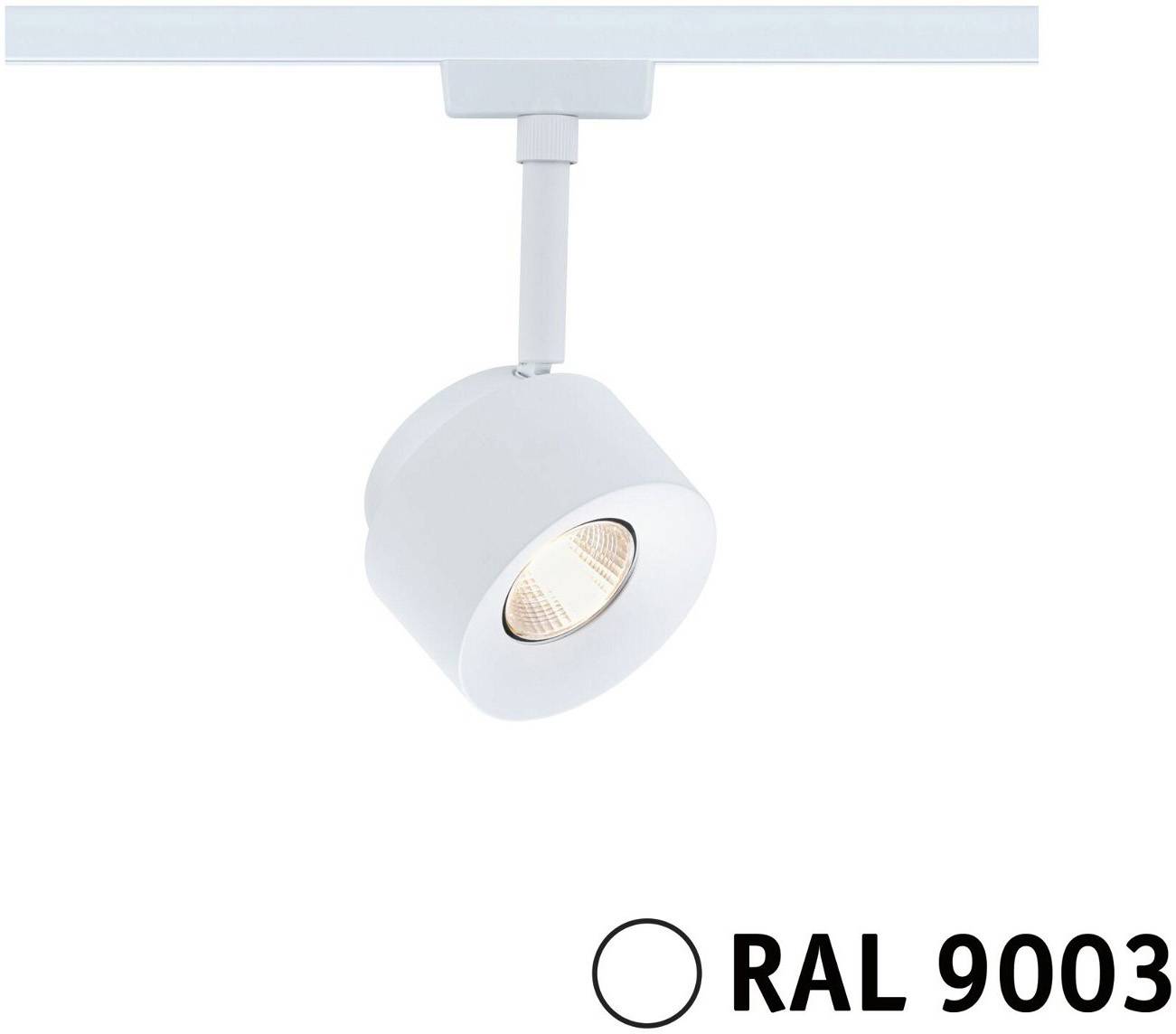 Bijeli stropni reflektor u RAL 9003 boji, montiran na šini, osvjetljava prostor prema dolje.