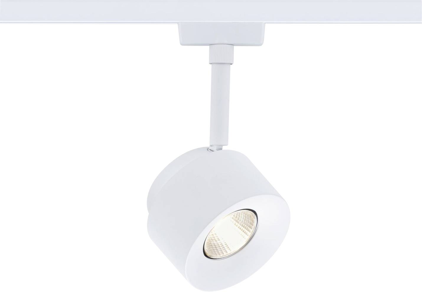Moderna, bijela stropna lampa s pokretnim, cilindričnim reflektorom usmjerenim prema dolje.