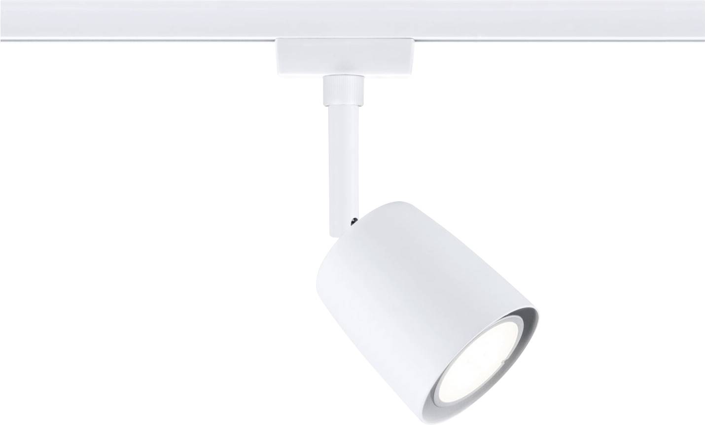 Bijeli LED-reflektor pričvršćen na šinu, u modernom minimalističkom obliku. Emitira svjetlo prema dolje. Pogodan za akcentno osvjetljenje.
