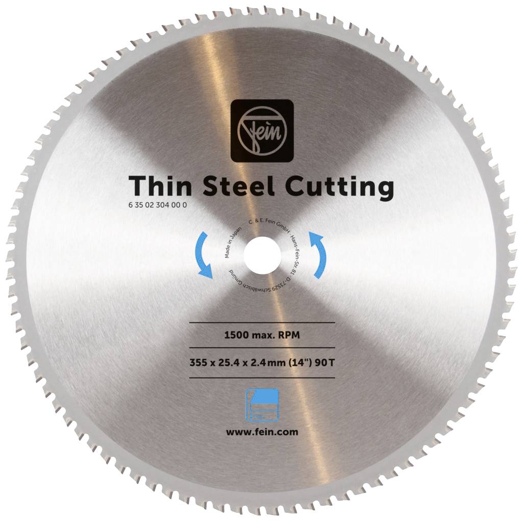 List pile za kružnu pilu za tanki čelični lim s natpisom 'Thin Steel Cutting 355 x 25.4 x 2.4mm (14") 90T', maksimalan broj okretaja 1500 RPM.