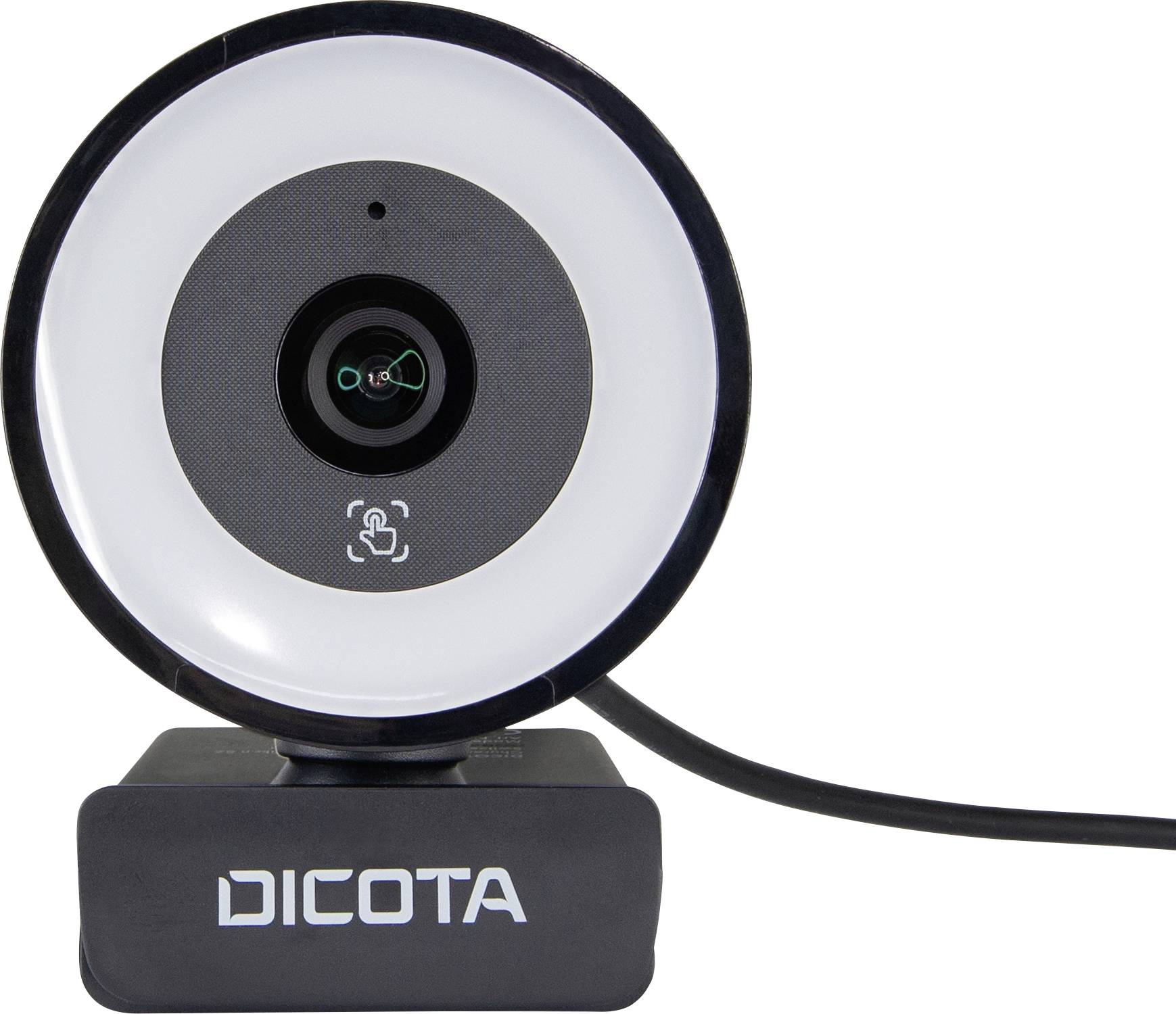 Kompaktna web kamera s prstenastom svjetiljkom i USB priključkom, idealna za video konferencije ili streamanje, postavljena na stalku s logotipom marke.