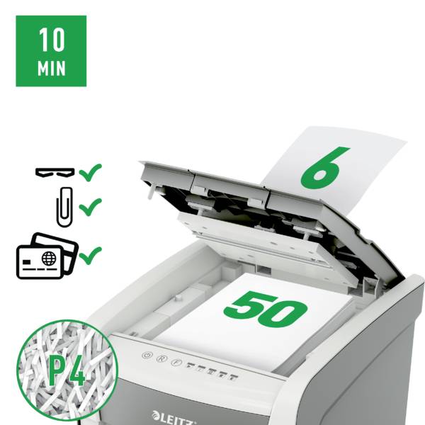 Uređaj za uništavanje dokumenata usitnjava papir. Zelene ikone prikazuju 10 minuta rada, sigurnosnu razinu P4, uništavanje kreditnih kartica i spajalica.