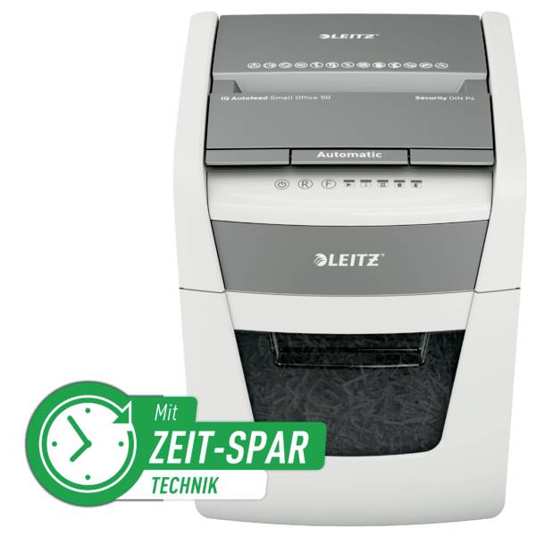 Uređaj za uništavanje dokumenata Leitz, model 'IQ Autofeed Small Office 100', s tehnologijom uštede vremena, idealan za uredske prostore.