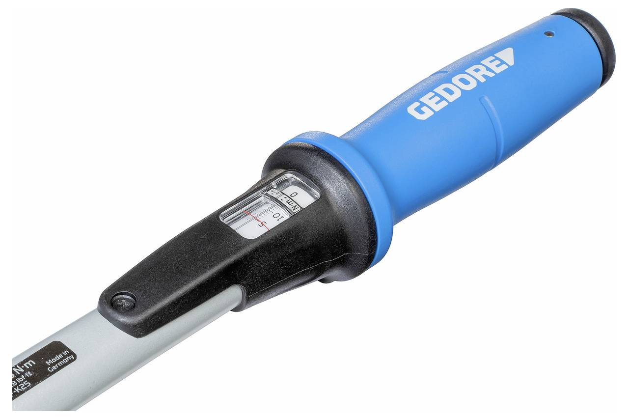 Krupni plan ručke dinamometrijskog ključa, plave boje s oznakama marke, koji prikazuje mjernu skalu za precizna podešavanja.