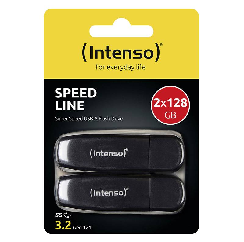 Dva Intenso USB-A flash uređaja 'Speed Line', svaki kapaciteta 128 GB, na žuto-crnoj ambalaži s informacijama o proizvodu.