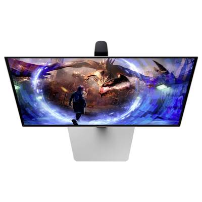 Monitor prikazuje živopisni scenarij videoigre gdje se lik suočava s vatrenim zmajem u futurističkom okruženju.