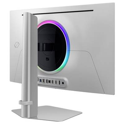 Stražnja strana modernog računalnog monitora s Rainbow LED osvjetljenjem oko postolja, više USB priključaka i ergonomskom bazom za postavljanje.