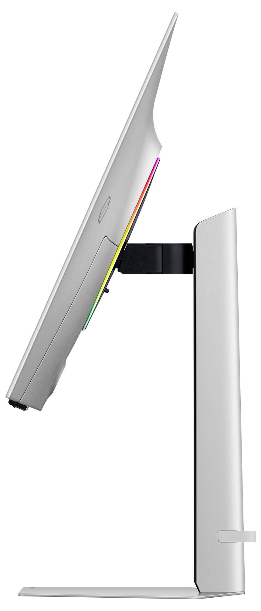 Bočni profil modernog, tankog računalnog monitora s obojenim akcentima na stražnjoj strani, postavljenog na elegantan stalak.