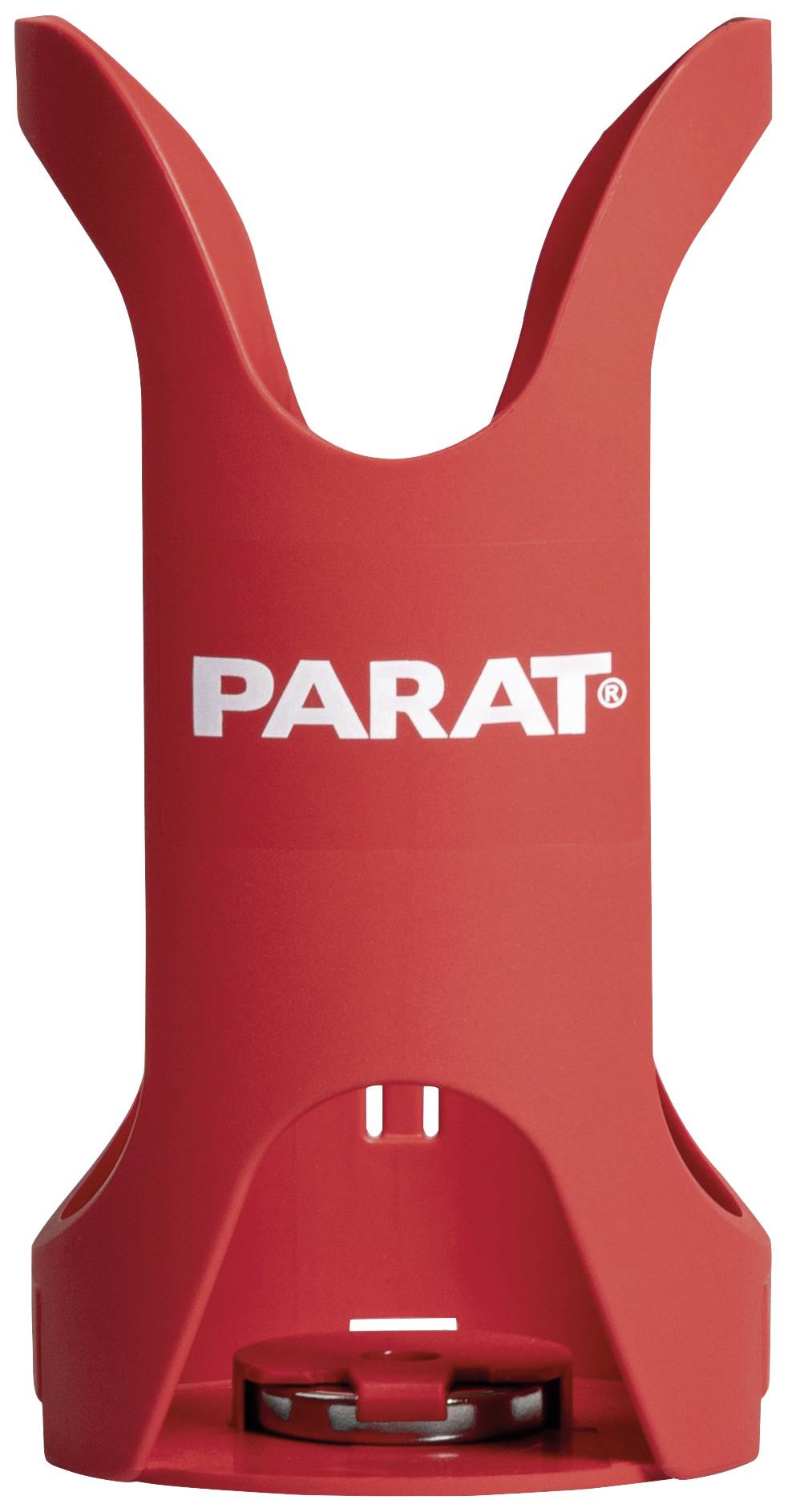 Crveni plastični alat s dva hvataljčasta kraka i natpisom 'PARAT' u bijeloj boji, korišten za držanje ili organiziranje cijevi ili kabela.