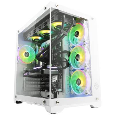 Bijela PC strojna oprema s prozirnim kućištem, prikazuje svijetleće, šarene ventilatore i unutarnje komponente poput grafičke kartice i kabela.