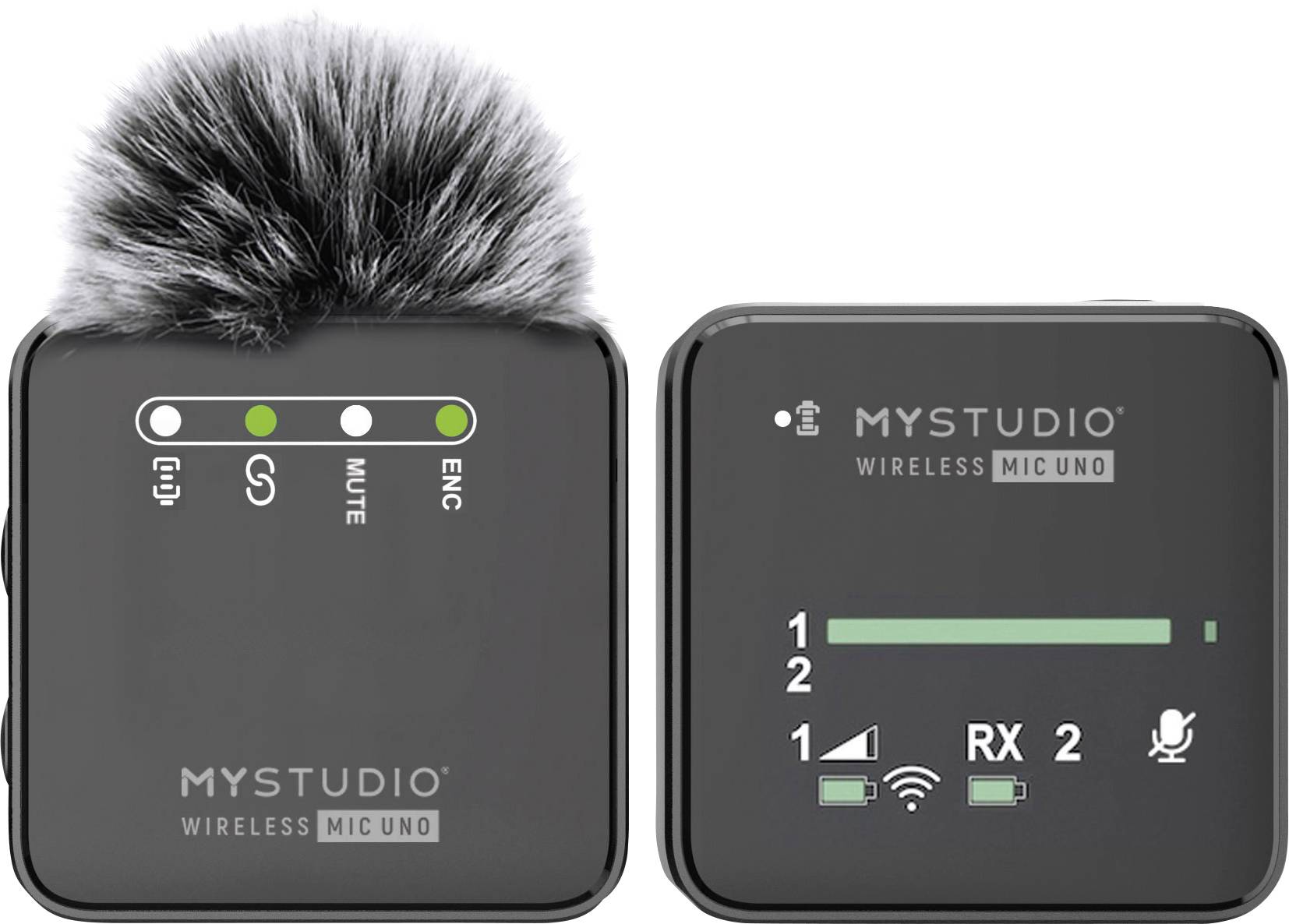 Dva bežična mikrofona s LED indikatorima i tekstom 'MYSTUDIO WIRELESS MIC UNO', jedan s sivim vjetrobranom.