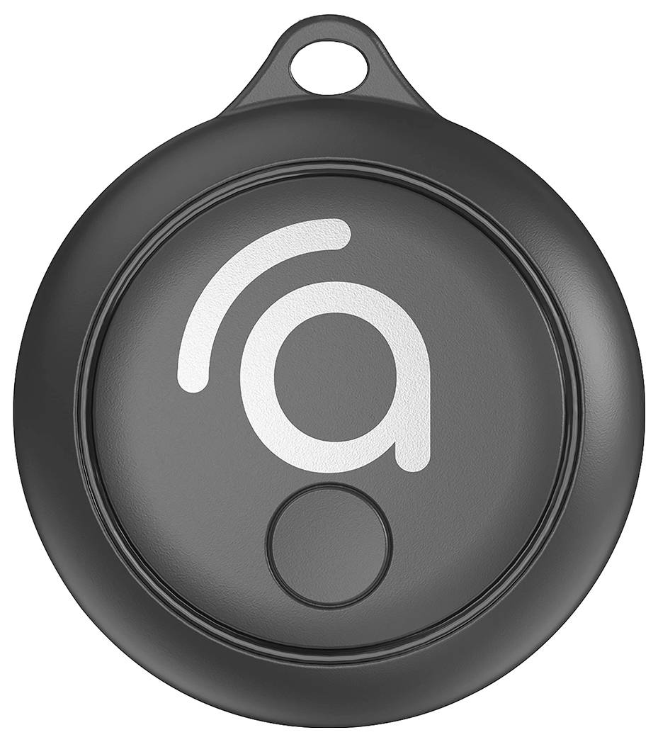 Okrugli, crni ključni privjesak za daljinsko upravljanje s bijelim logotipom 'a' u sredini. Privjesak ima malu petlju na vrhu.