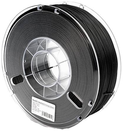 Crna 3D printer filament špula od plastike. Pohranjena je u prozirnom omotu.
