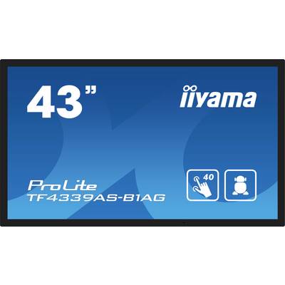 Plavi zaslon s bijelim tekstovima: '43"', 'iiyama', 'ProLite TF4339AS-B1AG', dva ikona s brojevima: '40' i logo sa simbolom glave.