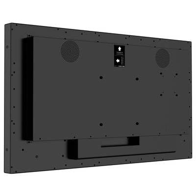 Veliki, crni ravni zaslon, promatran od straga, prikazuje priključke i ventilacijske rešetke.