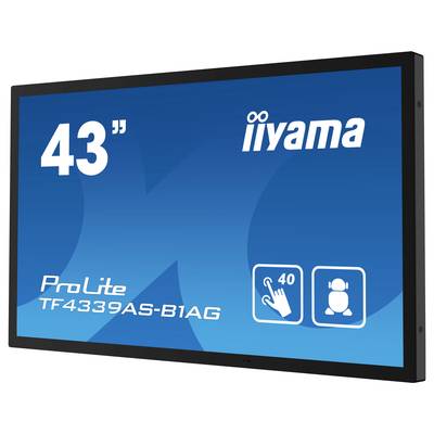 Iiyama 43-inčni zaslon, model 'ProLite TF4339AS-B1AG', plava pozadinska grafika s touch funkcijom i simbolom za kapacitet korisnika.