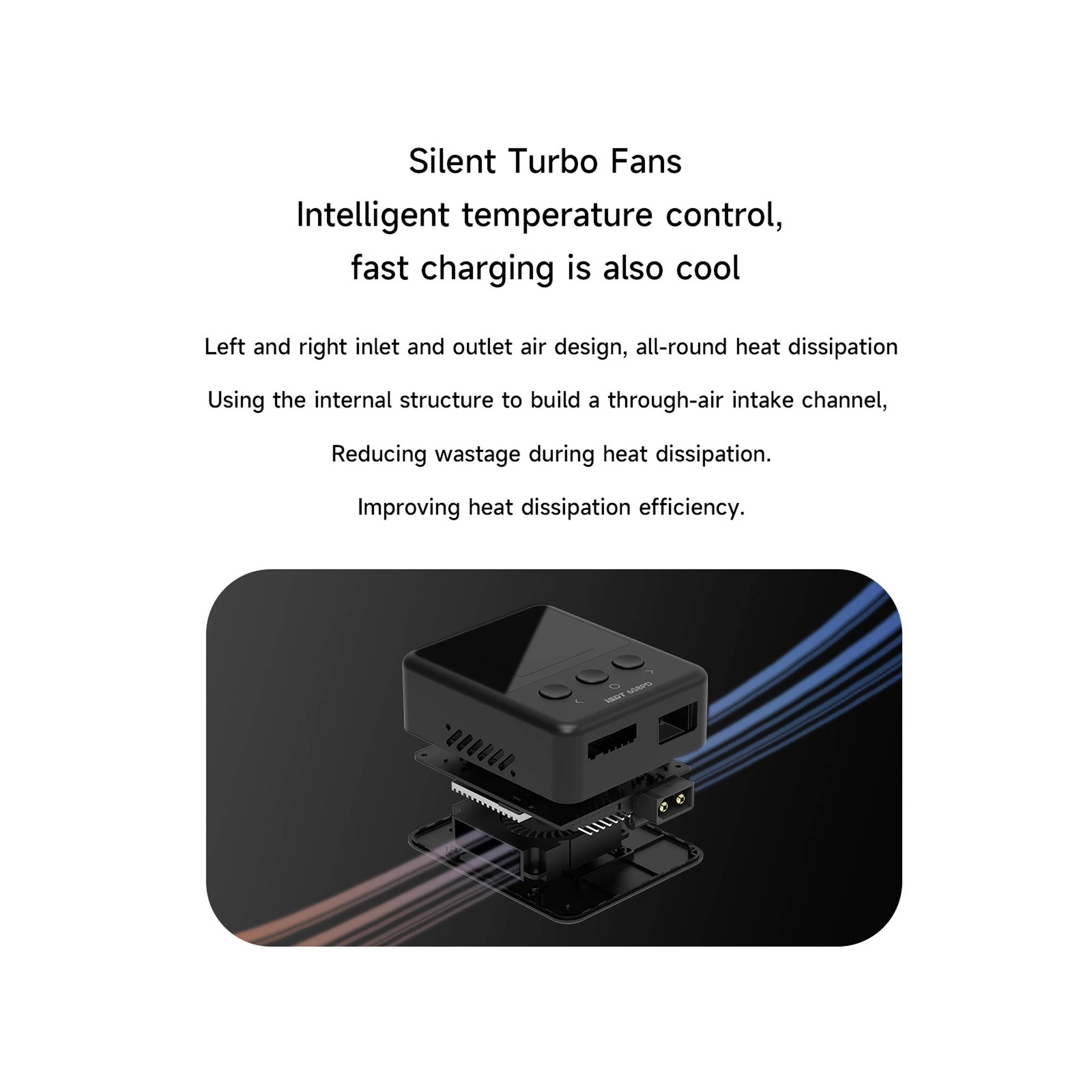 Crni mini-računar s osvjetljenim kabelima. Natpis: 'Tihi turbo ventilatori, inteligentna kontrola temperature, brzo punjenje je također cool'. Lijevo: hlađenje kroz ulaz za zrak.