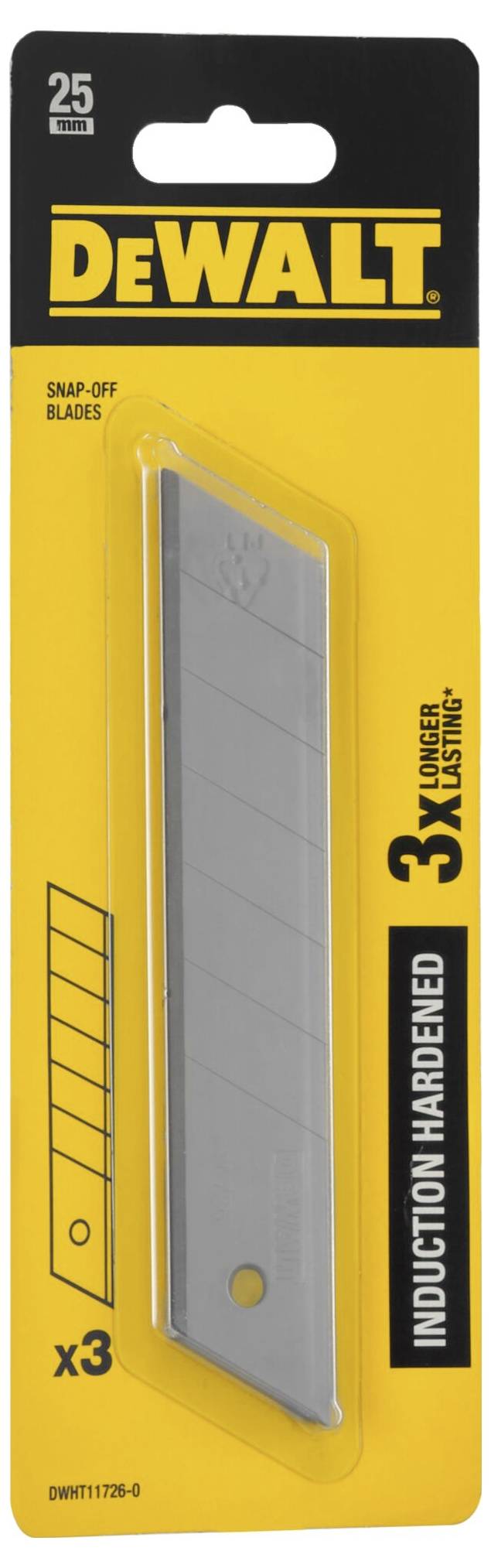 Žuta ambalaža sa setom reznih oštrica marke DeWalt. Tekst '3x trajnije', 'Indukcijski otvrdnuto'.