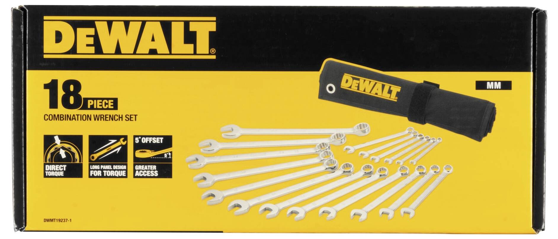 Dewalt 18-djelni set kombiniranih ključeva, pakiran u žuto-crnu kutiju, sa tekstilnom torbom, naglasak na izravni moment i 5° pomak.