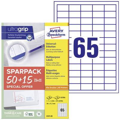 Pakiranja Avery Zweckform univerzalnih naljepnica, štedljivi paket od 50+15 listova, pogodnih za sve tiskače. Grafika prikazuje raspored naljepnica.