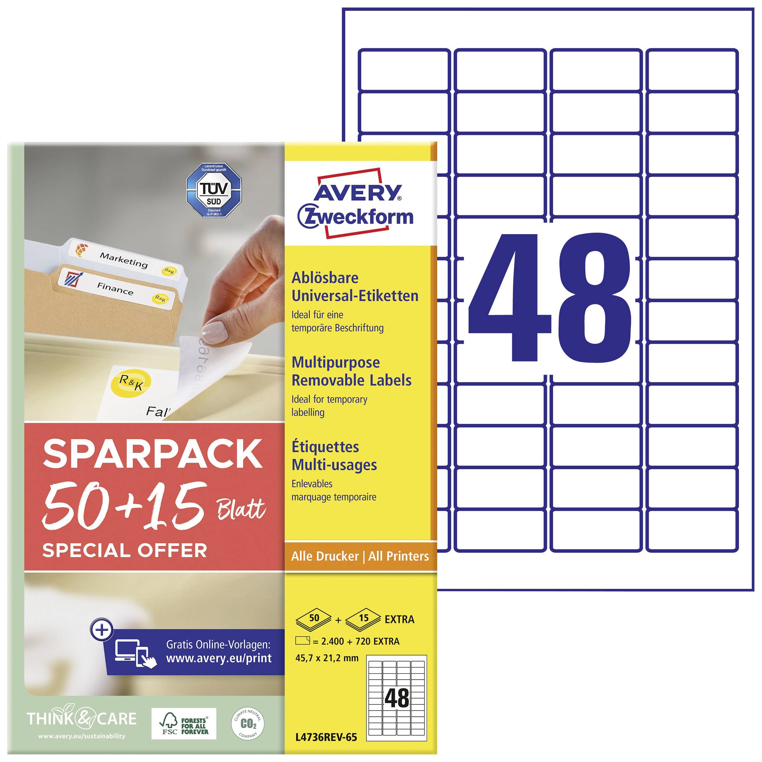 Sparpack 50+15 listova, samoljepljive naljepnice, Avery Zweckform. Tinta, crno-bijeli laser, laserski u boji, fotokopirni stroj. 48 naljepnica po listu.
