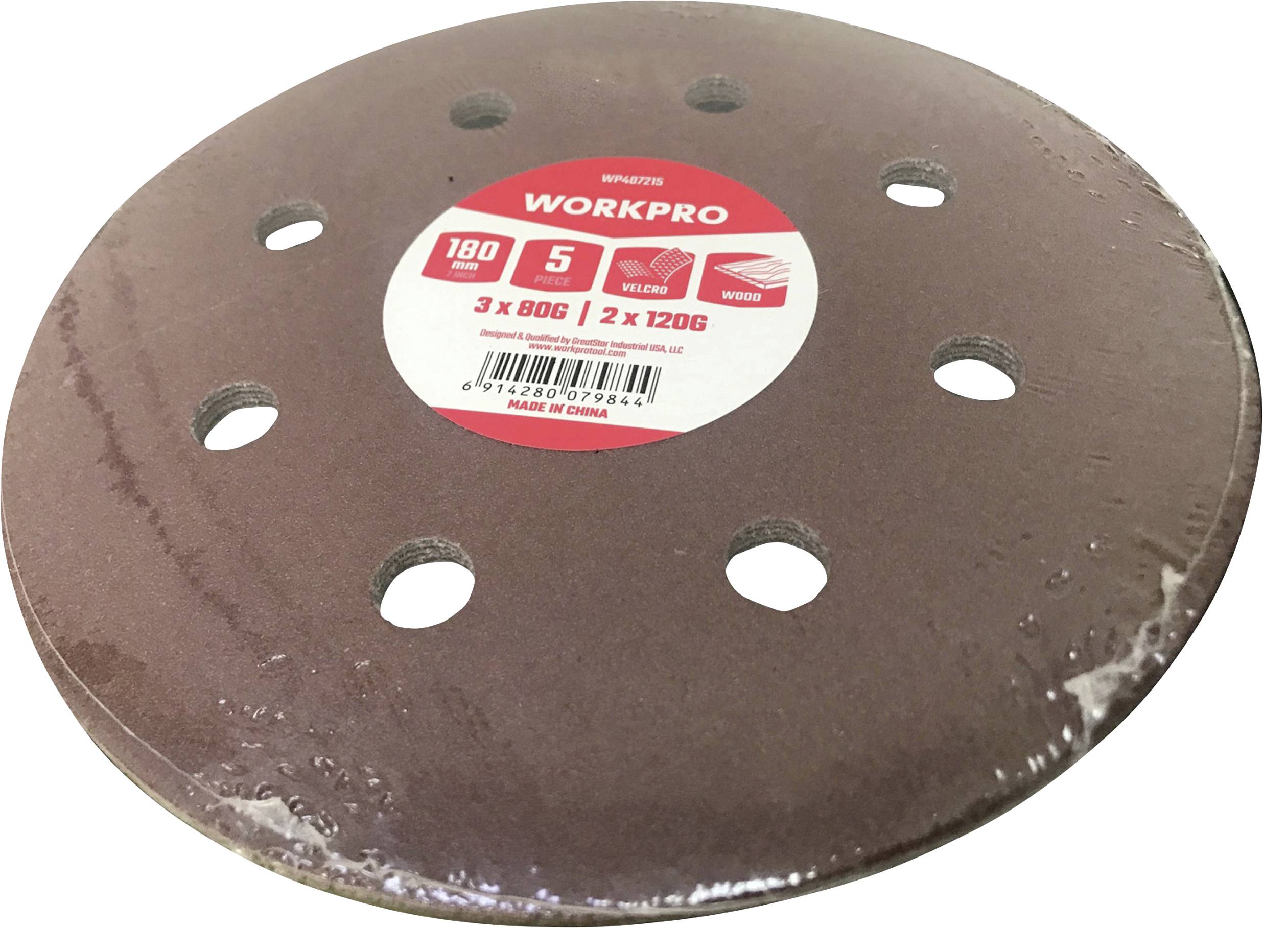 Smeđi brusni disk marke 'WORKPRO' s crvenom naljepnicom, promjera 180 mm, s 5 rupa, granulacije 80 i 120, pogodan za rad na drvu, metalu i lakiranim površinama.