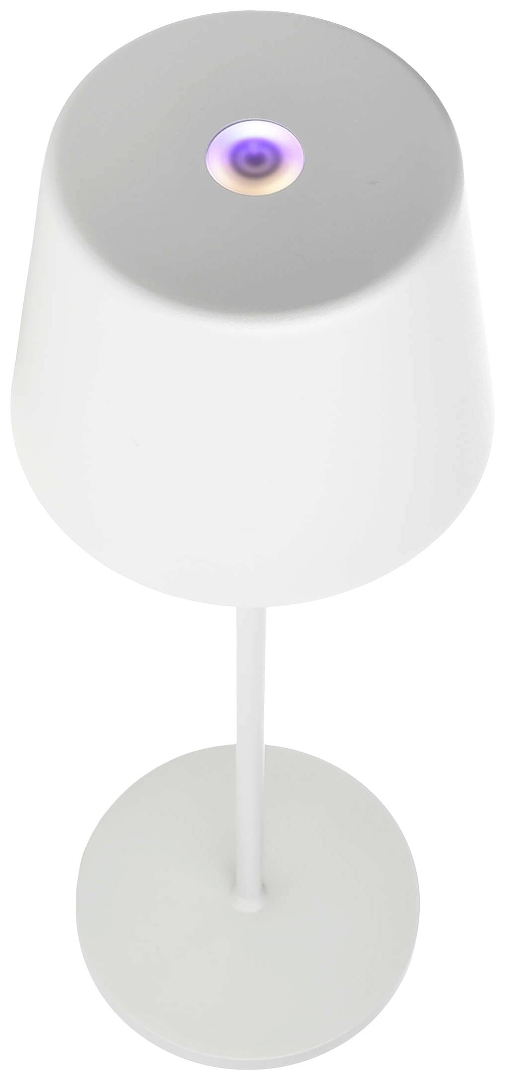 Bijela stolna lampa modernog dizajna, okruglog postolja i lagano ljubičasto bliještećom žaruljom na vrhu.