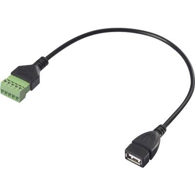 USB kabelski adapter s USB-A priključkom na jednom kraju i zelenim vijčanim steznim blokom na drugom kraju.