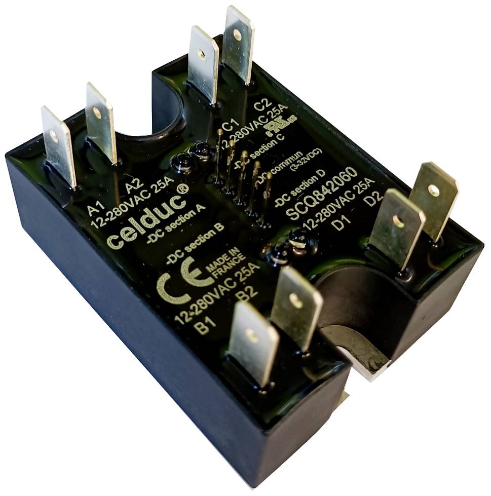 Električni relejni modul s više priključnih stezaljki i natpisima za tehničke specifikacije, pogodan za 12-280V AC.