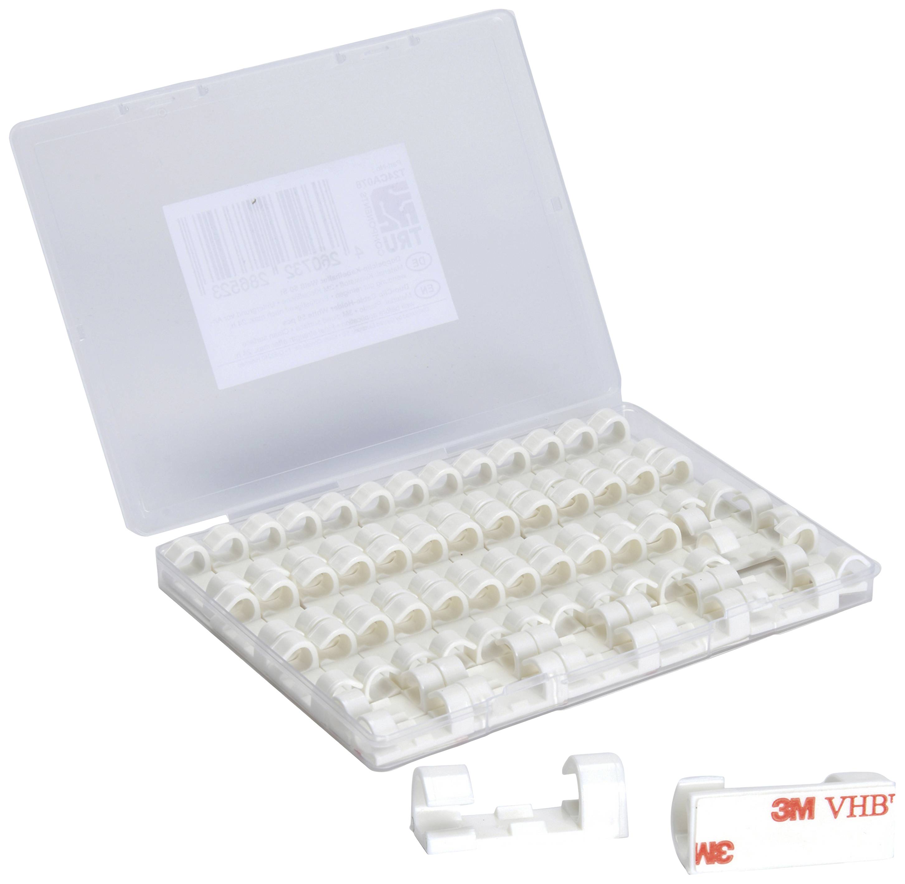 Prozirna kutija s nekoliko bijelih plastičnih kopči za dokumente i 3M VHB kopčom s ljepljivom trakom u prvom planu, koja je izdvojena iz kutije.