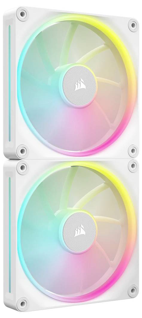 Dva bijela računalna ventilatora s RGB osvjetljenjem svijetle u različitim bojama. Postavljeni su jedan iznad drugog, pogled sprijeda.