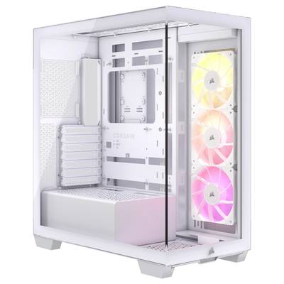 Računalno kućište sa staklenom bočnom stranom koje prikazuje unutrašnjost s prostором za komponente. Tri osvjetljena ventilatora sprijeda.