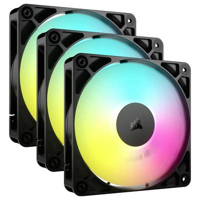 Tri crna RGB ventilatora s osvjetljenim bojama (žuta, zelena, ružičasta) u sredini. Postavljeni su jedan iza drugoga.