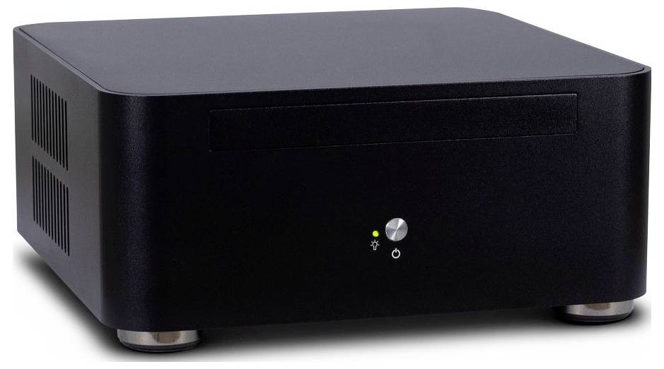 Crni, pravokutni mini-PC zaobljenih rubova, s prednjim gumbom i malenom indikatorskom LED žaruljom, stoji na bijeloj pozadini.