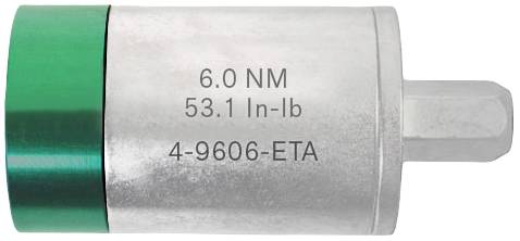Nastavak ključa za moment s zelenim krajem i oznakom '6.0 NM, 53.1 In-lb, 4-9606-ETA' prikazuje specificirane vrijednosti momenta.