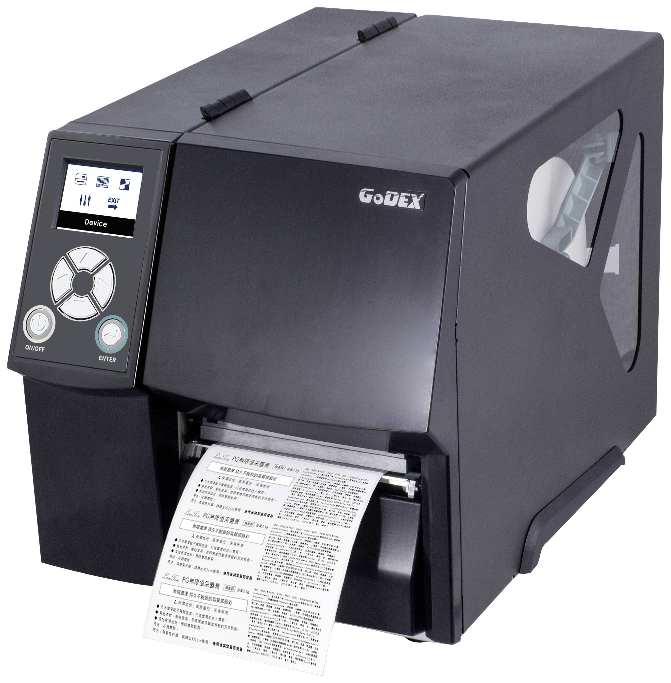 Pisač naljepnica tiska višejezične naljepnice. Display prikazuje opcije statusa pisača.